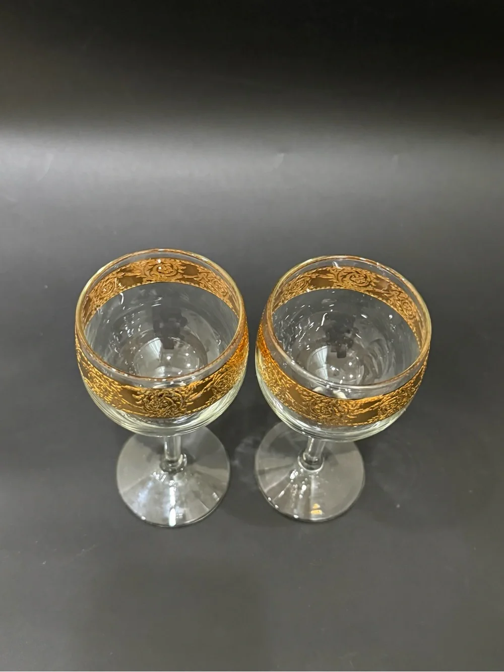 Lot of 2 Vintage MCM Culver Tyrol 22k Gold Gilt 5.75” Stemmed Wine Glasses